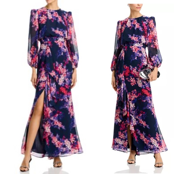 Eliza J Dresses & Skirts - Eliza J Ruffled Long Sleeve Dress Slit Leg Size 14 Cocktail Floral Mother Bride